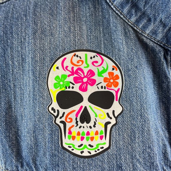 Distressed Denim Vest - One of A Kind - Customized with Day of the Dead Skulls - Picture 4 of 13